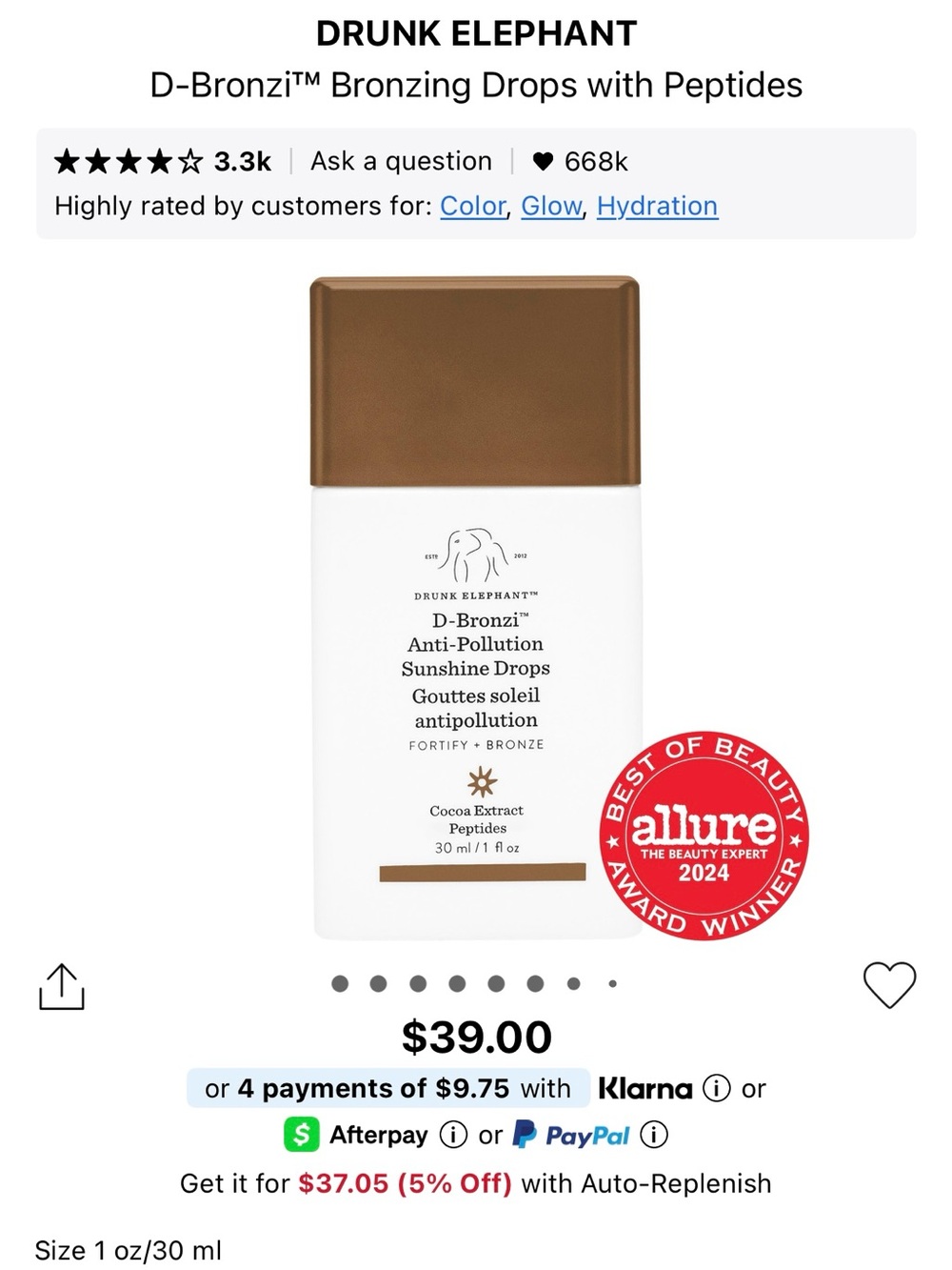 Drunk Elephant D-Bronzi Bronzing Drops — brand new in box never used- 30mL